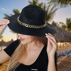 Black Shimmering Fedora Straw Hat with Gold Chain Band NWT for Women